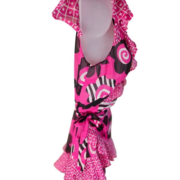 Celia Birdwell Vintage 2 Piece Skirt set Pink Black White Wrap Top Ruffled Sz SM - Picture 3 of 14